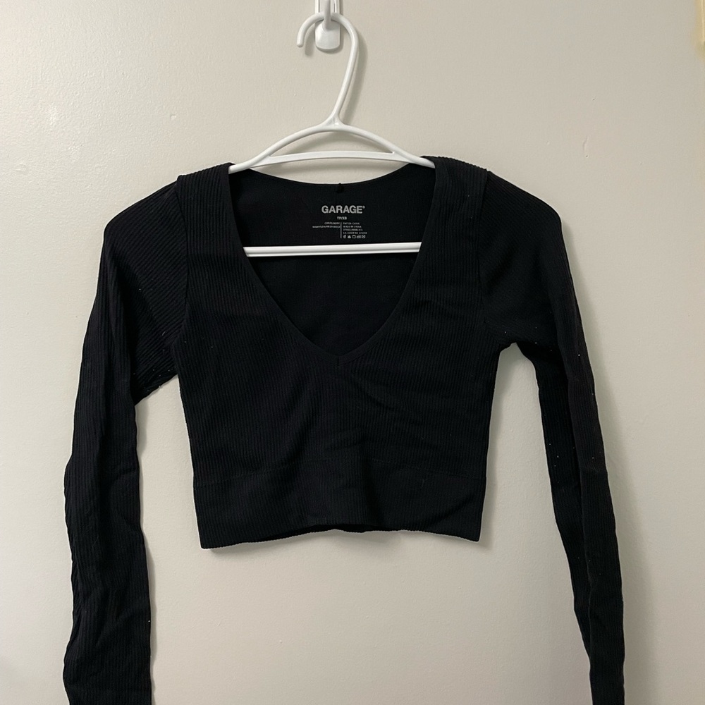 Garage Black Ribbed V-Neck Long Sleeve Crop Top